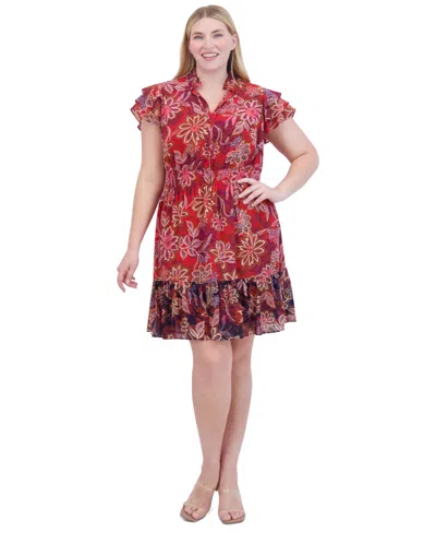 Vince Camuto Plus Size Printed Chiffon Smocked-waist Dress In Red