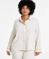 Vince Camuto Plus Size Printed Long Sleeve Shirt Wide Leg Pants In Natural Sand