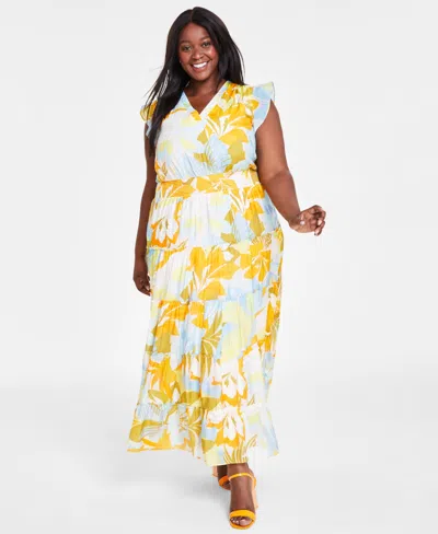 Vince Camuto Plus Size Printed Flutter-sleeve Tiered Maxi Dress In Airy Blue