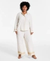 Vince Camuto Plus Size Printed Long Sleeve Shirt Wide Leg Pants In Natural Sand