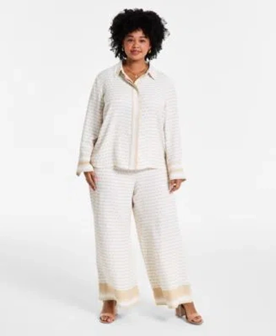 Vince Camuto Plus Size Printed Long Sleeve Shirt Wide Leg Pants In Natural Sand