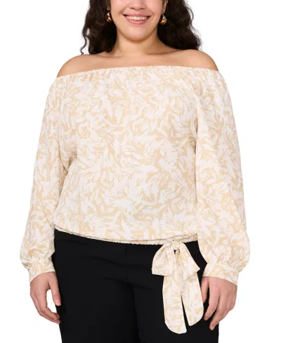 Vince Camuto Plus Size Printed Off-the-shoulder Tie-hem Blouse In Natural Sand