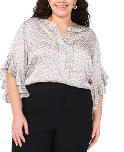 Vince Camuto Plus Size Printed Pintuck Flutter-sleeve Blouse In Lake Breeze