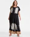 Vince Camuto June Hero Look Plus Size Placed Print Boat Neck Caftan Blouse Printed Pull On Wide Leg Pants In Black