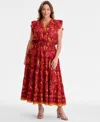 Vince Camuto Plus Size Printed Smocked-waist Flutter-sleeve Maxi Dress