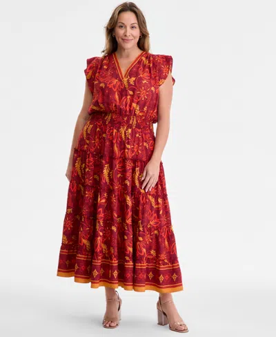 Vince Camuto Plus Size Printed Smocked-waist Flutter-sleeve Maxi Dress