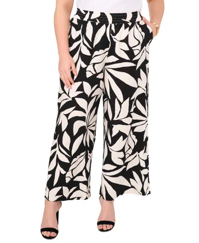Vince Camuto Plus Size Printed Smocked-waist Wide-leg Pants In Rich Black