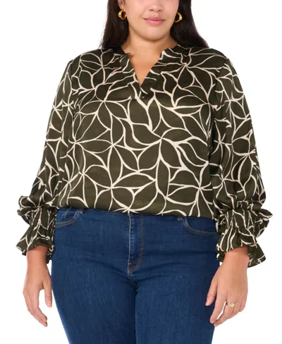Vince Camuto Plus Size Printed Split-neck Blouson-sleeve Top In Green