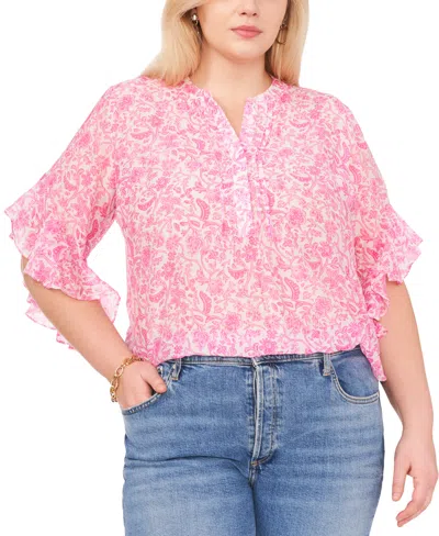 Vince Camuto Plus Size Printed Split-neck Flutter-sleeve Top In Hot Pink