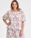 Vince Camuto Plus Size Printed Square-neck Short Sleeve Blouse In Neutral