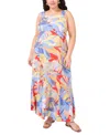 VINCE CAMUTO PLUS SIZE TROPICAL-PRINT SQUARE-NECK SMOCKED-BACK SLEEVELESS MAXI DRESS