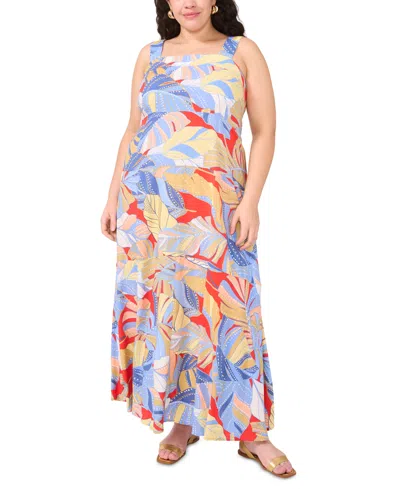 Vince Camuto Plus Size Printed Square-neck Smocked-back Maxi Dress In Serene Sky