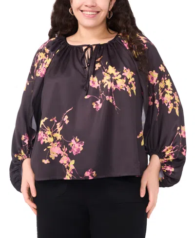 Vince Camuto Plus Size Printed Tie Neck Blouse In Purple
