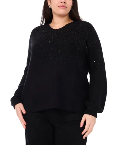 Vince Camuto Plus Size Sequin V-neck Raglan Sweater In Black
