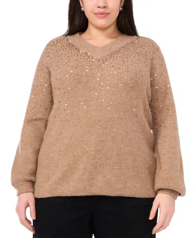 Vince Camuto Plus Size Sequin V-neck Raglan Sweater In Brown