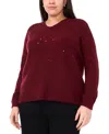 Vince Camuto Plus Size Sequin V-neck Raglan Sweater In Burgundy