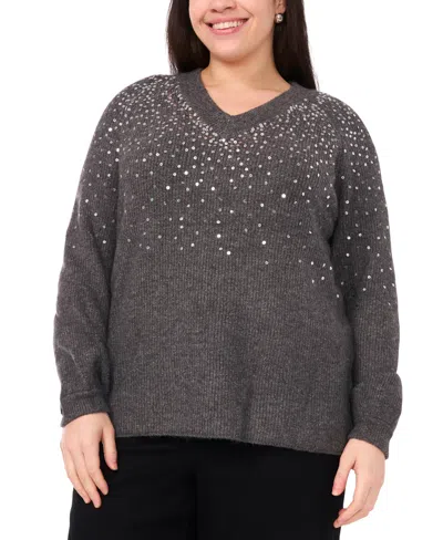Vince Camuto Plus Size Sequin V-neck Raglan Sweater In Gray
