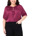 Vince Camuto Plus Size Short Sleeve Tie Neck Top In Purple