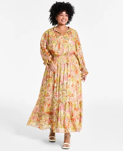 Vince Camuto Plus Size Smocked-waist Floral Maxi Dress In Crushed Orange