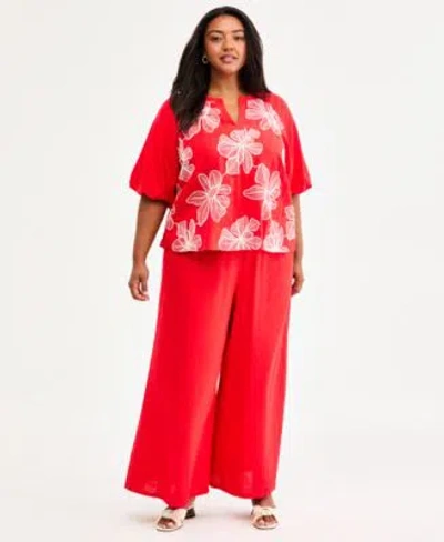 Vince Camuto Plus Size Split Neck Band Bubble Sleeve Blouse Cropped Wide Leg Pants In Red