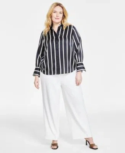 Vince Camuto Plus Size Striped Button Down Bell Sleeve Shirt Flat Front Elastic Waist Wide Leg Pants In Rich Black