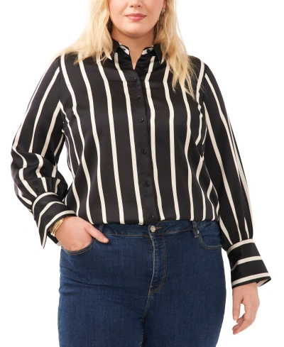 Vince Camuto Plus Size Striped Button-down Bell-sleeve Shirt In Rich Black