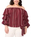 Vince Camuto Plus Size Striped Off The Shoulder Bubble Sleeve Tie Front Blouse In Crisp Merlot