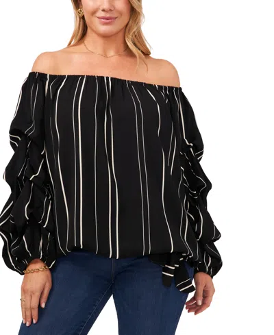 Vince Camuto Plus Size Striped Off-the-shoulder Bubble 3/4-sleeve Tie-front Blouse In Rich Black