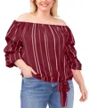 Vince Camuto Plus Size Striped Off The Shoulder Bubble Sleeve Tie Front Blouse In Crisp Merlot