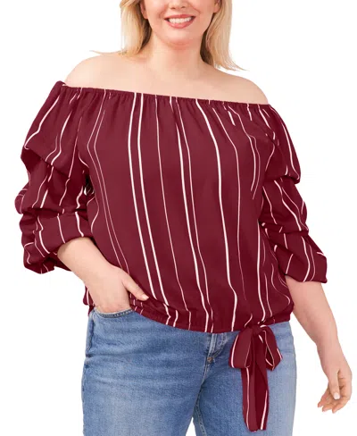Vince Camuto Plus Size Striped Off The Shoulder Bubble Sleeve Tie Front Blouse In Crisp Merlot