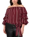 Vince Camuto Plus Size Striped Off The Shoulder Bubble Sleeve Tie Front Blouse In Crisp Merlot