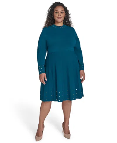 Vince Camuto Plus Size Studded Mock-neck Dress In Blue