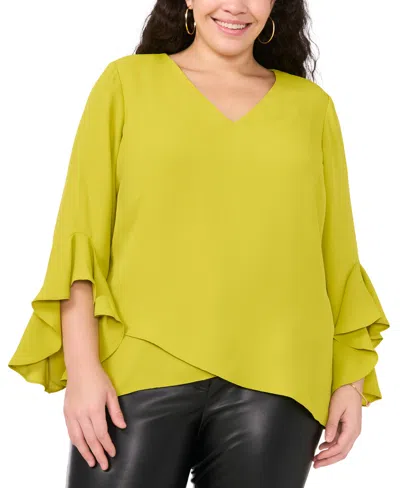 VINCE CAMUTO PLUS SIZE PRINTED V-NECK 3/4-FLUTTER-SLEEVE BLOUSE