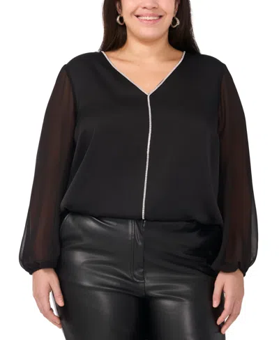 Vince Camuto Rhinestone Chiffon Sleeve Top In Black