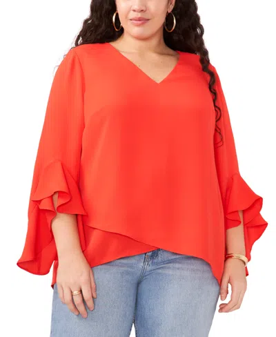 Vince Camuto Plus Size V-neck Flutter Sleeve Blouse In Tulip Red