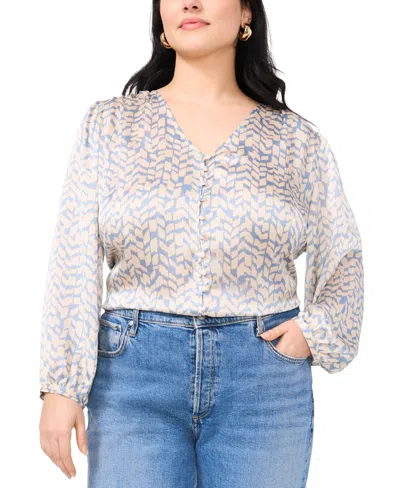 Vince Camuto Plus Size V-neck Satin Button-front Blouse In Lake Breeze