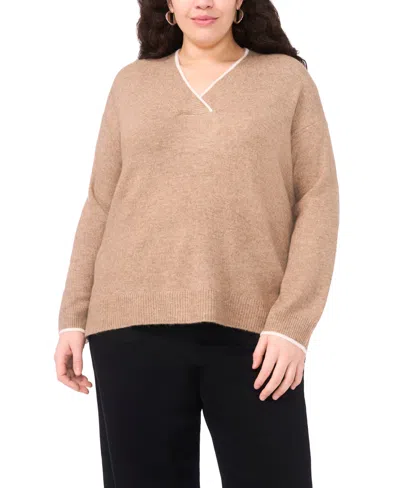 Vince Camuto Plus Size V-neck Side Slit Sweater In Brown