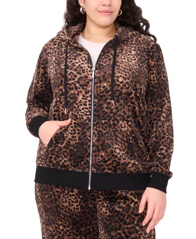 Vince Camuto Plus Size Velour Animal-print Zip-front Hoodie Jacket In Animal Print