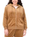 Vince Camuto Plus Size Velour Zip-front Hoodie Jacket In Brown