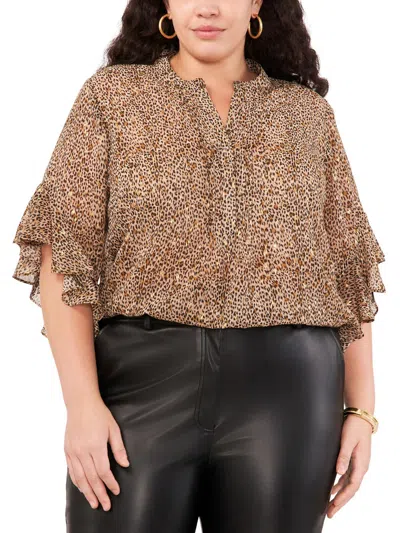 Vince Camuto Plus Womens Animal Print Split Neck Blouse In Multi