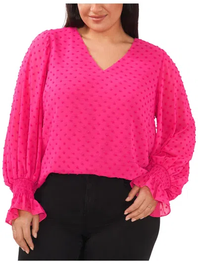 Vince Camuto Plus Womens Clip Dot V Neck Blouse In Pink