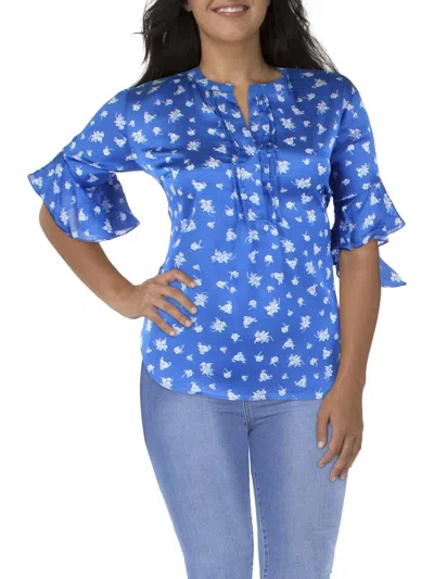 Vince Camuto Plus Womens Floral Bell Sleeve Blouse In Blue