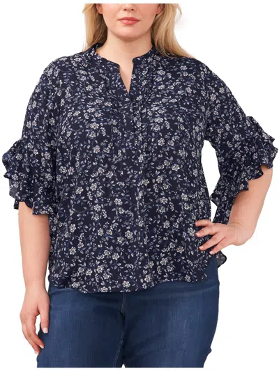 Vince Camuto Plus Womens Floral Print Blouse In Blue