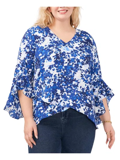 Vince Camuto Plus Womens Floral Print Polyester Blouse In Blue