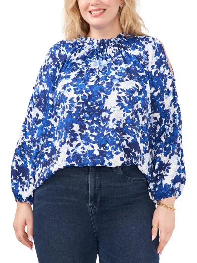 Vince Camuto Plus Womens Floral Print Polyester Blouse In Blue