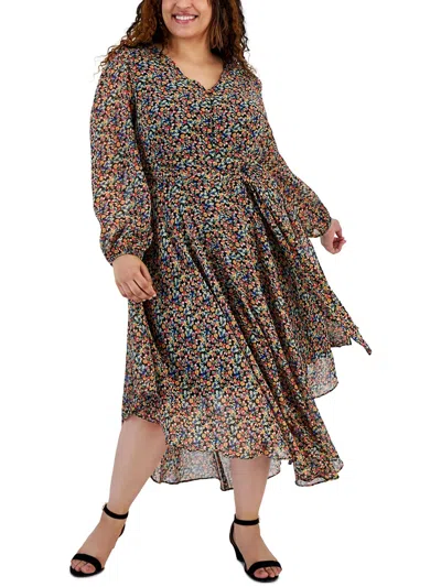Vince Camuto Plus Womens Floral Print Tea Length Midi Dress In Multi