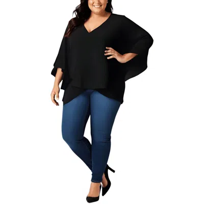 Vince Camuto Plus Womens Flutter-sleeve V-neck Blouse In Black