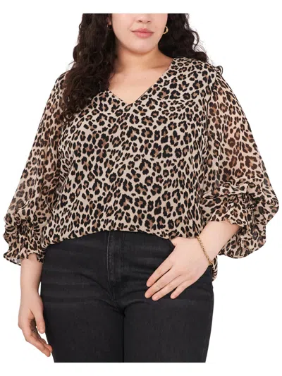 Vince Camuto Plus Womens Leopard Print V-neck Blouse In Black
