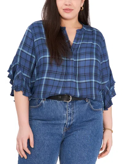 Vince Camuto Plus Womens Plaid Pullover Top In Blue