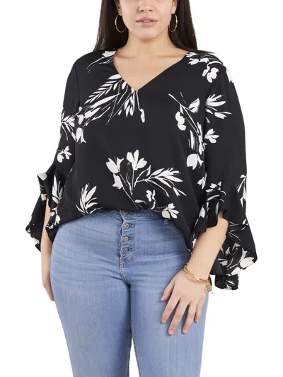 Vince Camuto Plus Womens Printed V-neck Blouse In Black
